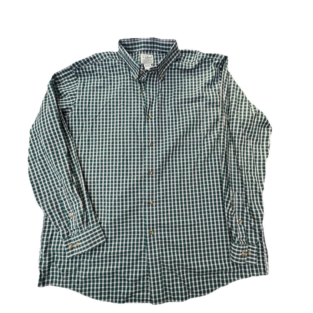 LL Bean Shirt Mens Green Plaid Kennebunk Sport Button Up XL Wrinkle Resistant